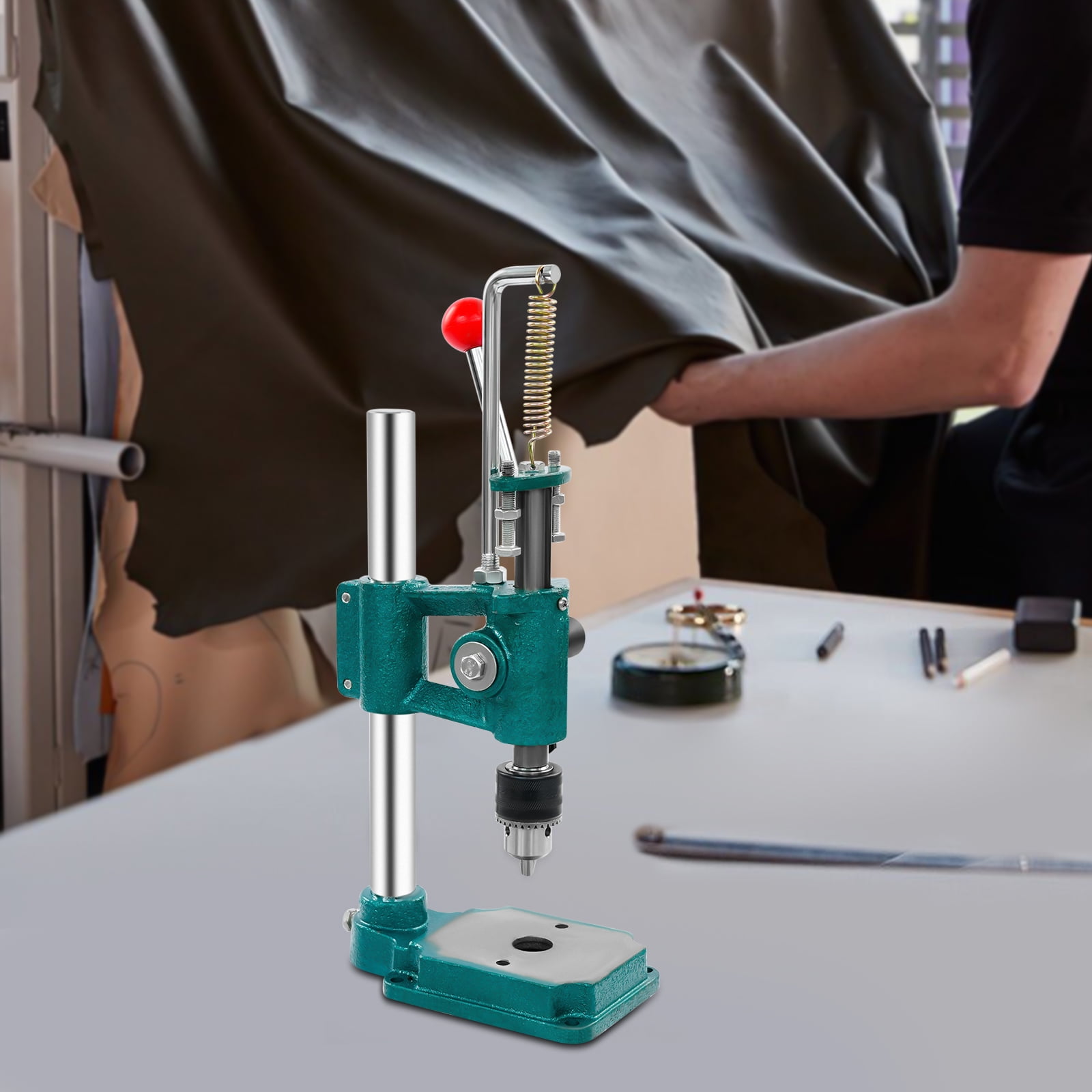 Peakora Leather Hole Puncher 352 Lbs Manual Press Puncher Heavy Duty Hand Punching Machine for DIY Leather Craft Punching Holes with 0.06-0.5in Clamping Chuck Green and Silver