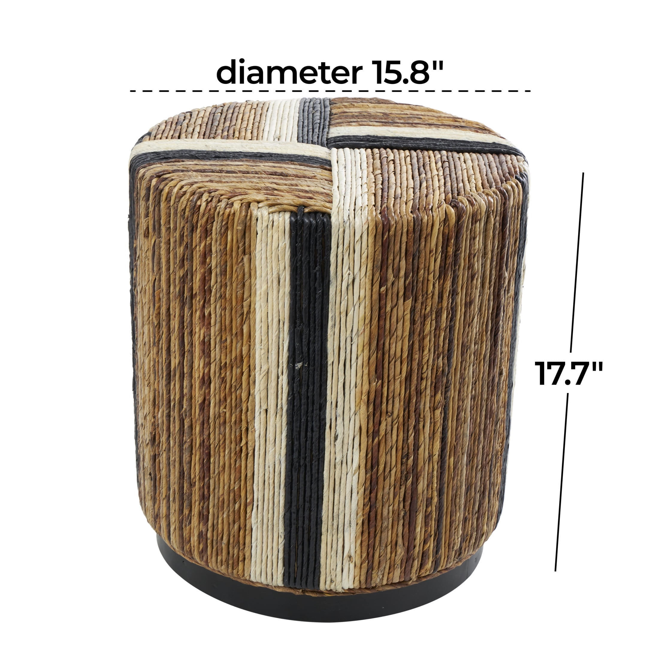 DecMode 16" x 18" Brown Banana Leaf Handmade Linear Wrapped Drum Accent Table with Cream and Black Stripes, 1-Piece