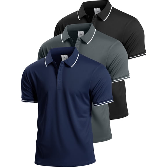 Cadmus 3 Pack Men's Quick Dry Golf Polo Shirts Lightweight Breathable Collared Casual Shirts,8878,Black Grey Navy Blue,L
