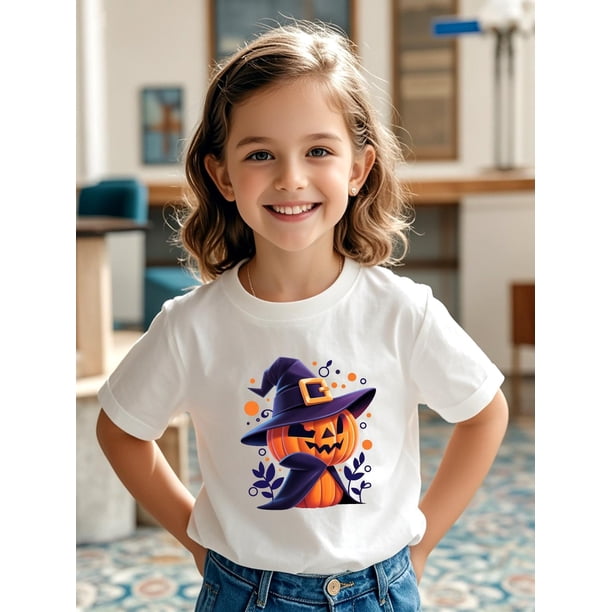 Halloween T-shirt - Girls' Halloween Pumpkin Graphic T-Shirt - Lightweight Stretchy Short Sleeve Top with Witch Hat & Jack-o'-Lantern Design, Red Casual Summer Tee for Kids, Halloween Clothes