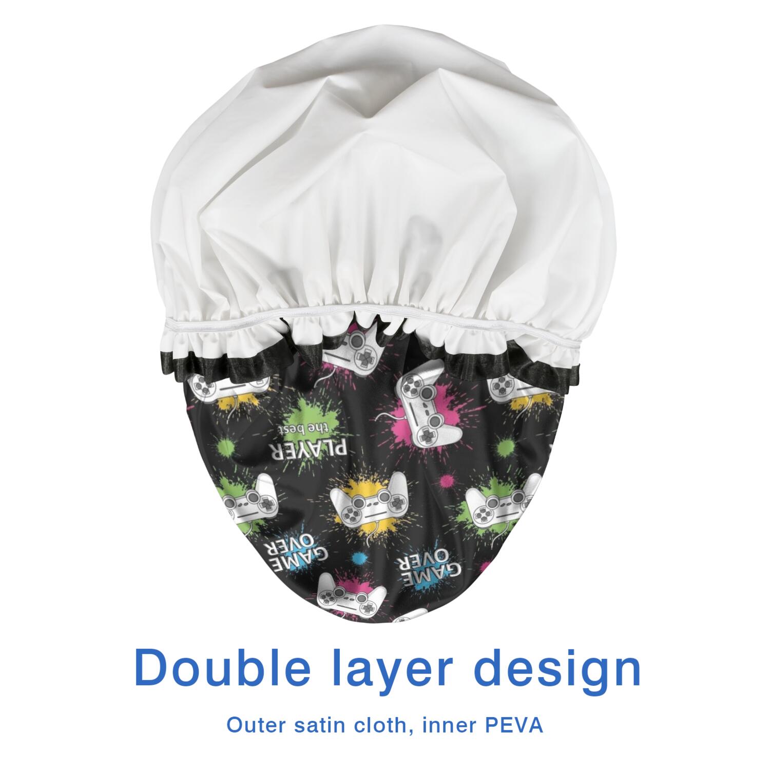 Shower Caps,Neon Controllers Games Icons Black Pattern Waterproof Shower Cap for Women 4 Pieces,Double Reusable Hair Cover for Shower PEVA Elastic Stretch Hem