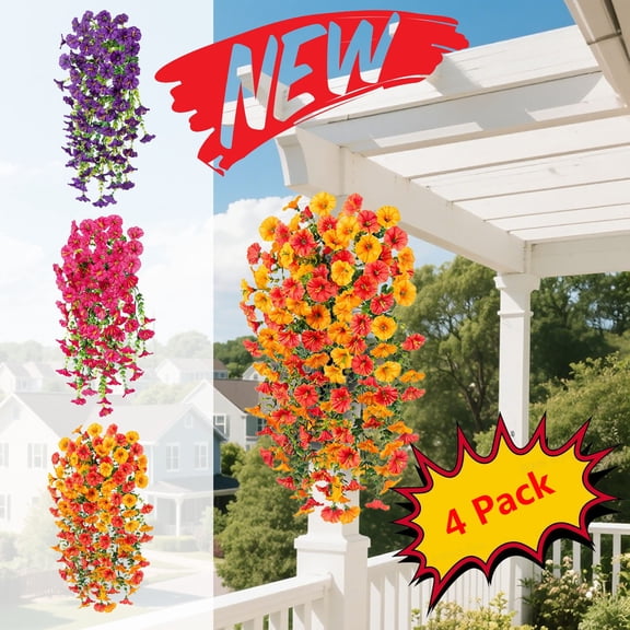 4 Pack Hanging Artificial Flowers for Outdoors, Fake Flowers for Front Porch Garden Wedding, UV Resistant Simulated Morning Glory Flowers Vines Spring Summer Indoor Outdoor Decorations, Orange
