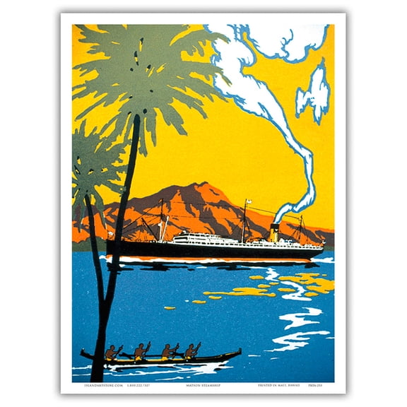 Hawaii - Steamship and Outrigger Canoe - Vintage Travel Poster c.1930s - Master Art Print (Unframed) 9in x 12in