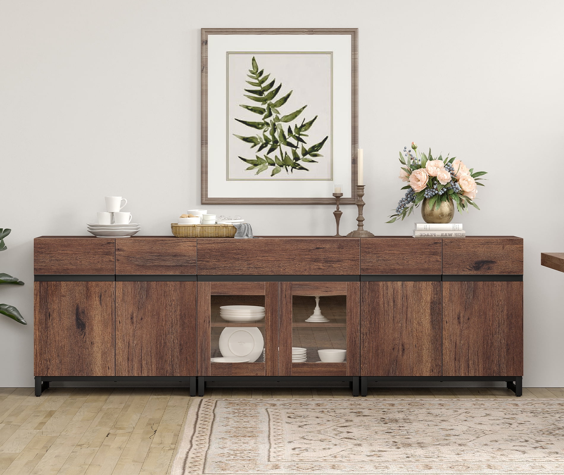 3 In 1 Sideboard Buffet Cabinets With Glass Doors And 1 Drawers, Modern Sideboard Credenza With Adjustable Shelf And Metal Base, Coffee Bar Cabinet Storage Cabinet,Brown