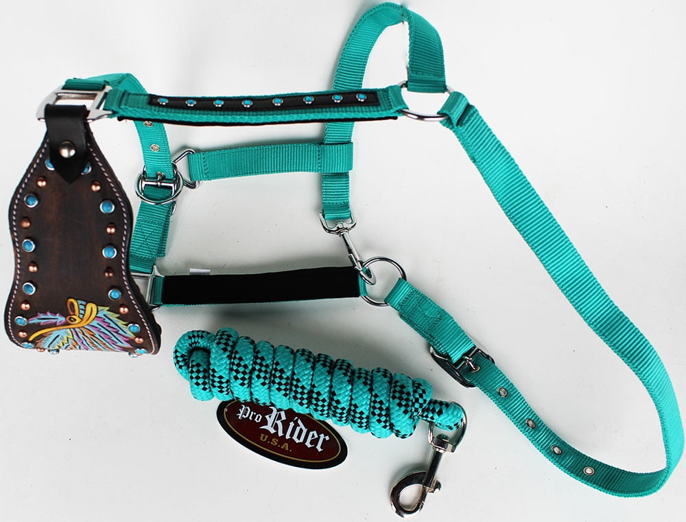 PRORIDER Horse Noseband Tack Bronc Leather Halter Tiedown Lead Rope Red Rodeo 280M8852