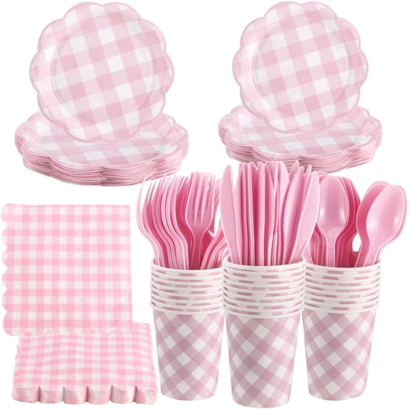 Pink Gingham Party Supplies 25 Guests, Scalloped Disposable Paper Plates Cups Napkins Cutlery Set for Wedding Birthday Bridal Shower Outdoor Picnic Tableware
