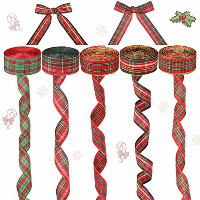 tredstone 5pcs Ribbon Christmas Tartan Gingham Wired Edge Present Wrapping Traditional Bows Crafts Gifts Decorations for