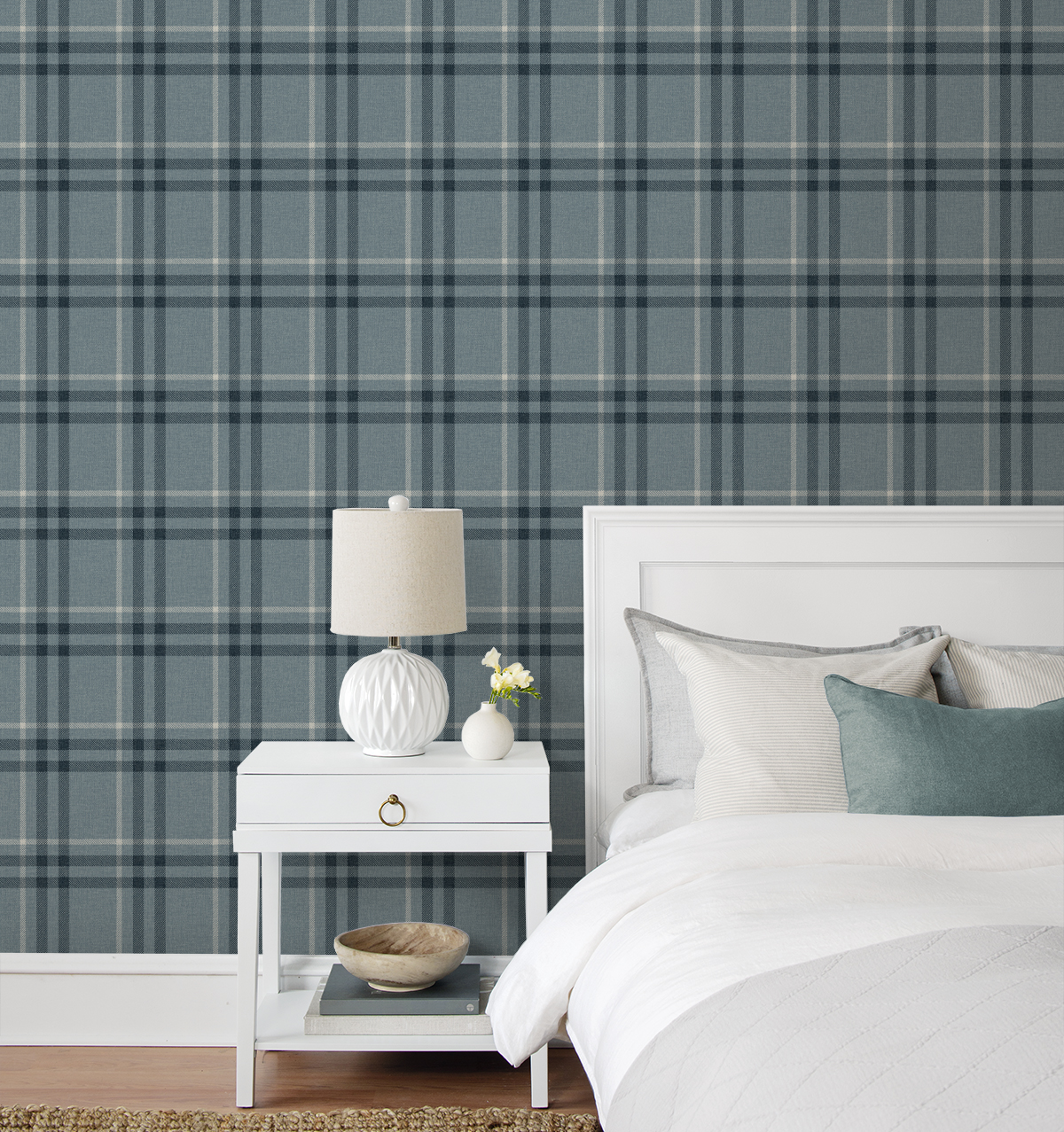 NextWall Light Blue Calverlay Plaid Peel and Stick Wallpaper - 20.9 in. W. x 18 ft. L. Roll