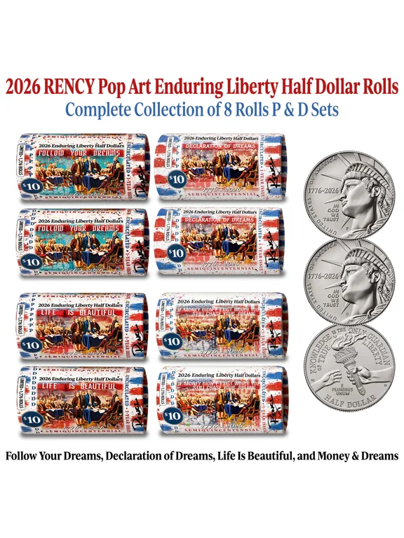 Collectible 2026 RENCY ART • Complete Collection of 4 Limited Edition Enduring Liberty Half Dollar P & D Coin Roll Sets
