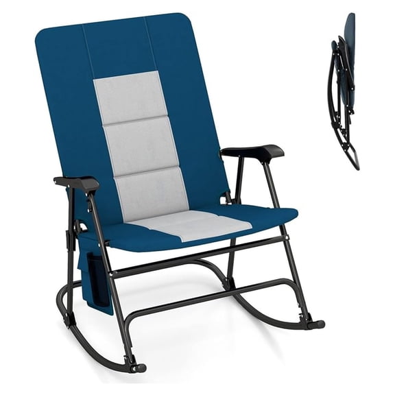 Oversized Folding Rocking Camping Chair, Padded Portable Outdoor Rocker with Side Pocket and Hard Armrests for Patio, Lawn, Backyard, Supports up to 500 lbs, Blue