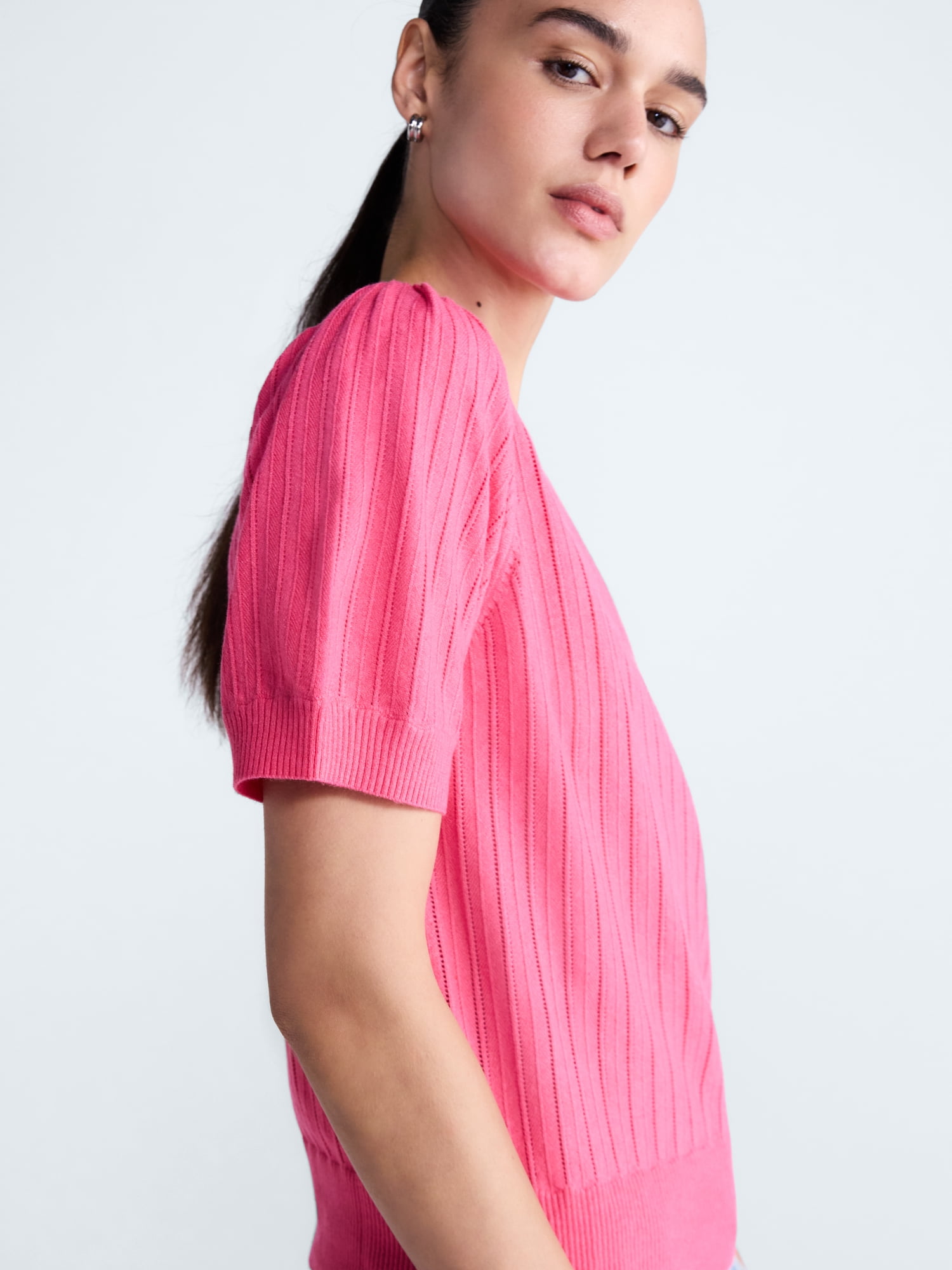 Free Assembly Women’s and Women's Plus Pointelle Sweater with Puff Sleeves, Sizes XS-4X