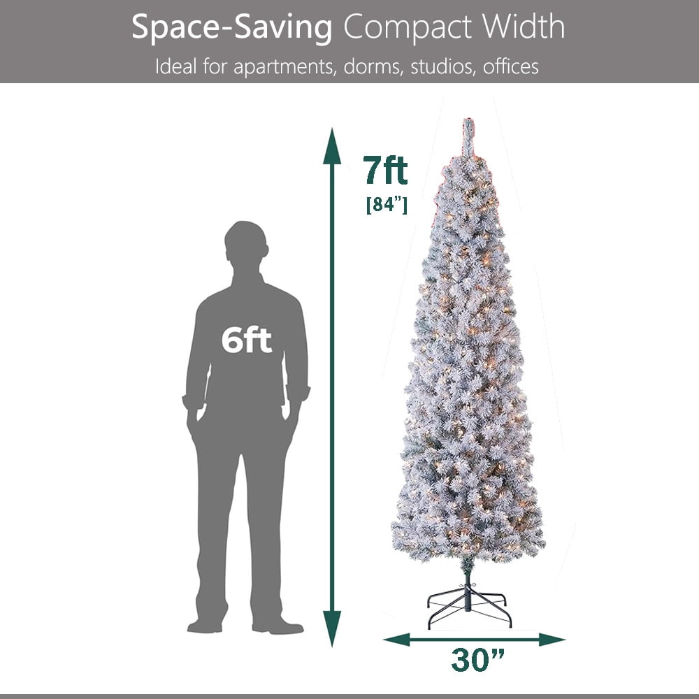 Abbe 7FT Snow Flocked Artificial Slim Pencil Christmas Tree with LED Warm White Lights and Metal Stand
