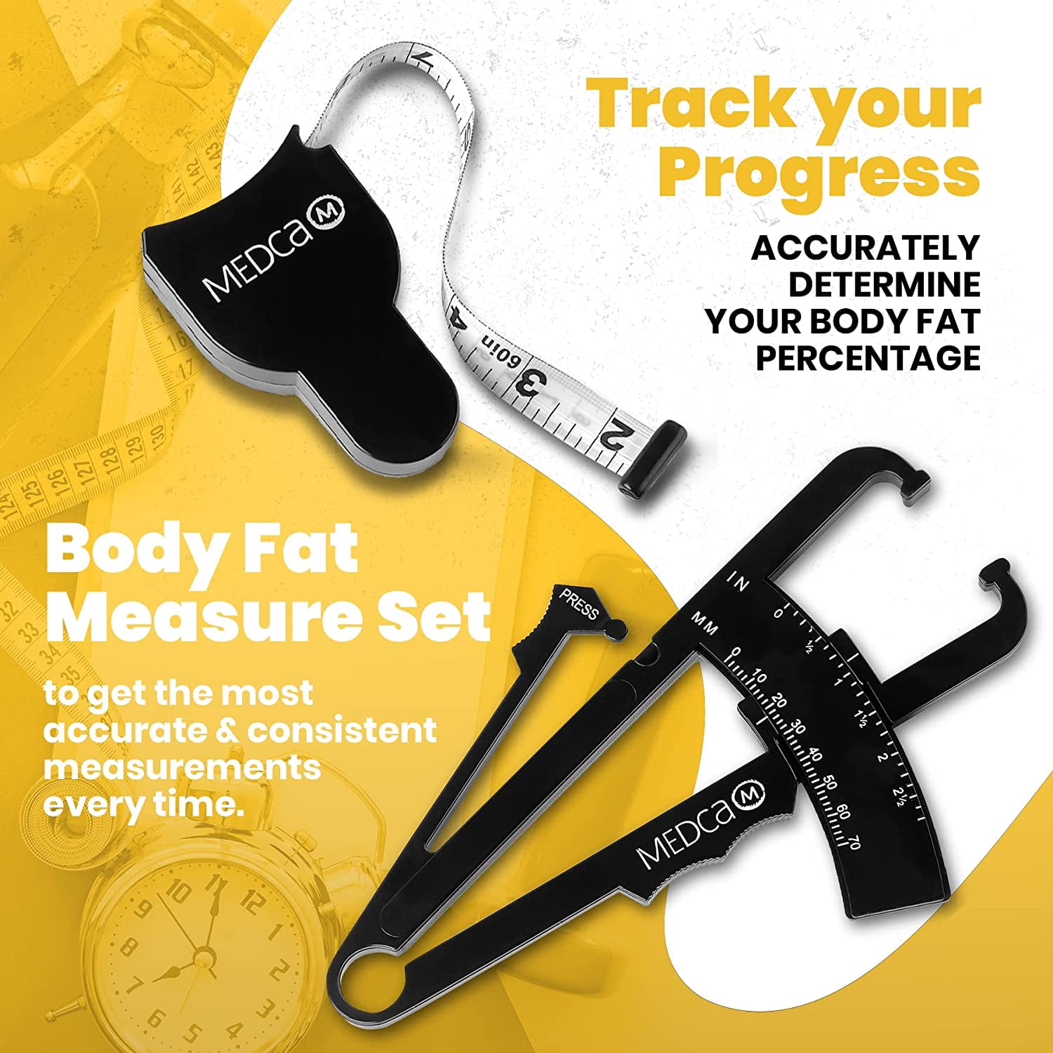 MEDca Body Fat Caliper, Measuring Tape for Body - Pack of 2 Skin Fold Fitness - Plastic, Multicolor