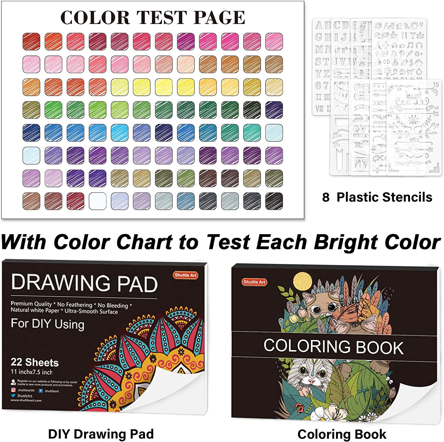 Shuttle Art Fineliner Pens Adult Coloring Stationery with 2 Stencils 2 Coloring Books Assorted Colors, 100 Count