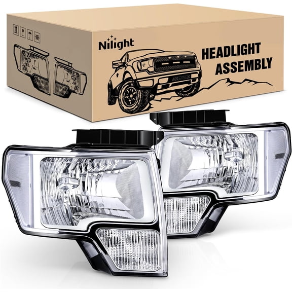 Nilight Headlight Assembly 2009 2010 2011 2012 2013 2014 F150 Chrome Housing Clear Corner Clear Lens Headlamp Replacement Driver and Passenger Side 2 Pack