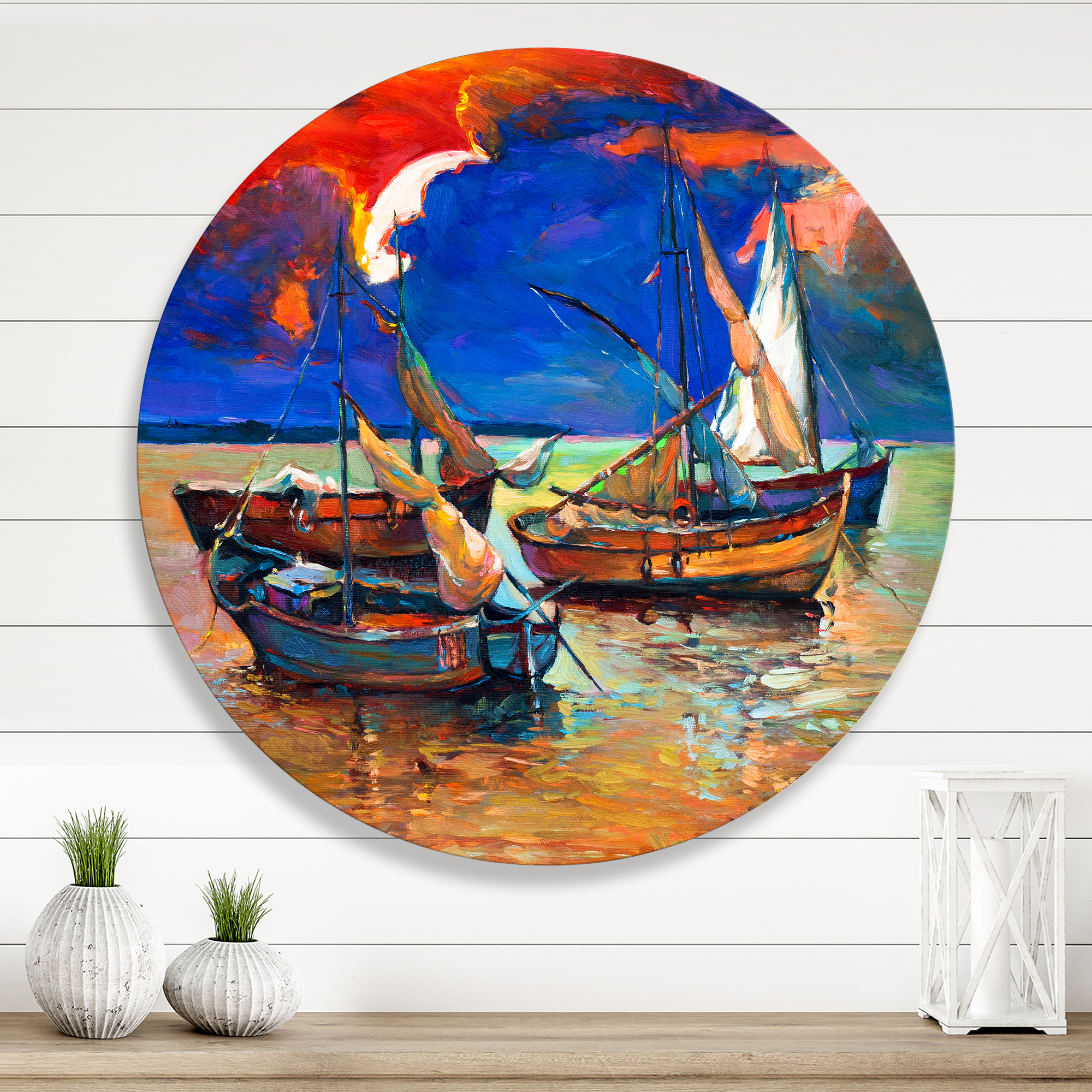 Designart 'Boats On The Water With Dark Blue Sky I' Lake House Circle Metal Wall Art 23x23 - Disc of 23