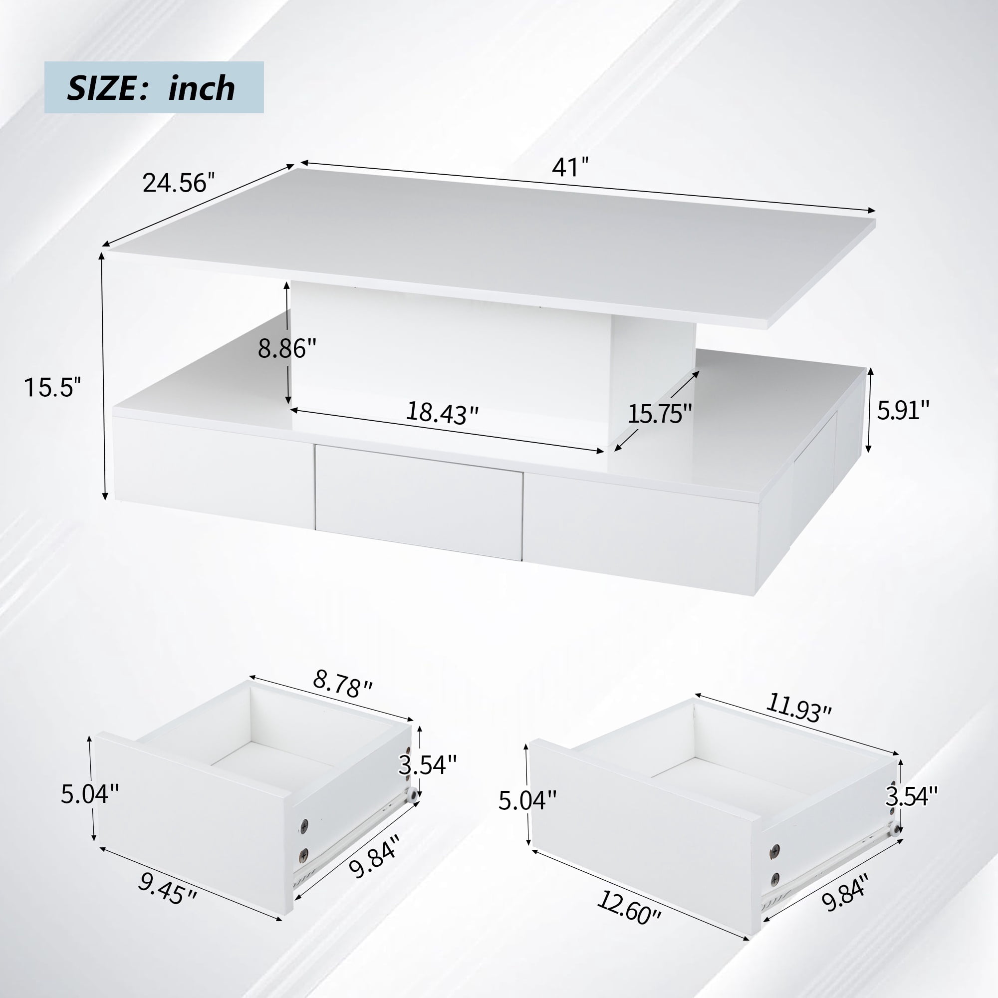 White LED Coffee Table for Living Room, PAPROOS Modern High Glossy Center Table with 4 Drawers, Smart Cocktail Table Rectangle, Sofa Side Tea Tables with LED Lights, 41"L×25"W×16"H