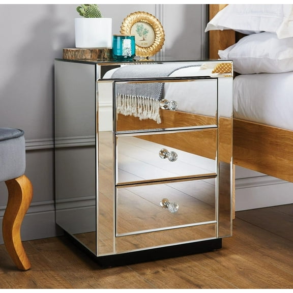 Furniturebox Italian Mirrored Nightstand - 3 Drawers Stunning Finish Bright Modern Bedside Table