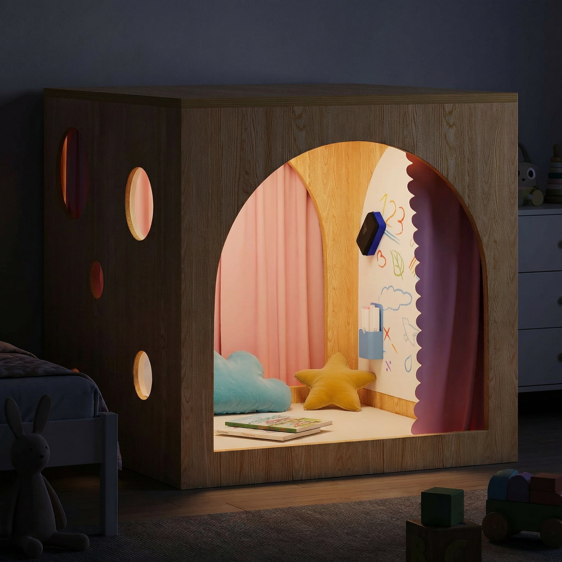 Advwin 30" Cozy Reading Cube with Curtains, Cushion Mat & Light, Wood Reading Nook Quiet Corner Playhouse with Whiteboard, Bookshelf & Acrylic Window Panel for Home School Classroom Daycare, Pink