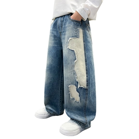 Little Boys Jeans Fashion Casual Denim Pants with Patchwork Design Straight Loose Fit Wide Leg Trousers for Season Pants Size 6-7T