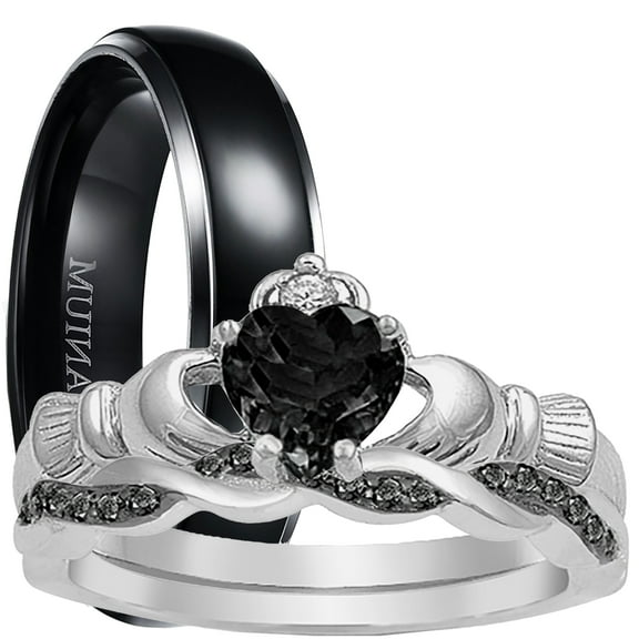 LaRaso & Co His Her 3 Piece Trio Celtic Claddagh Black Wedding Band Engagement Ring Set 10/11