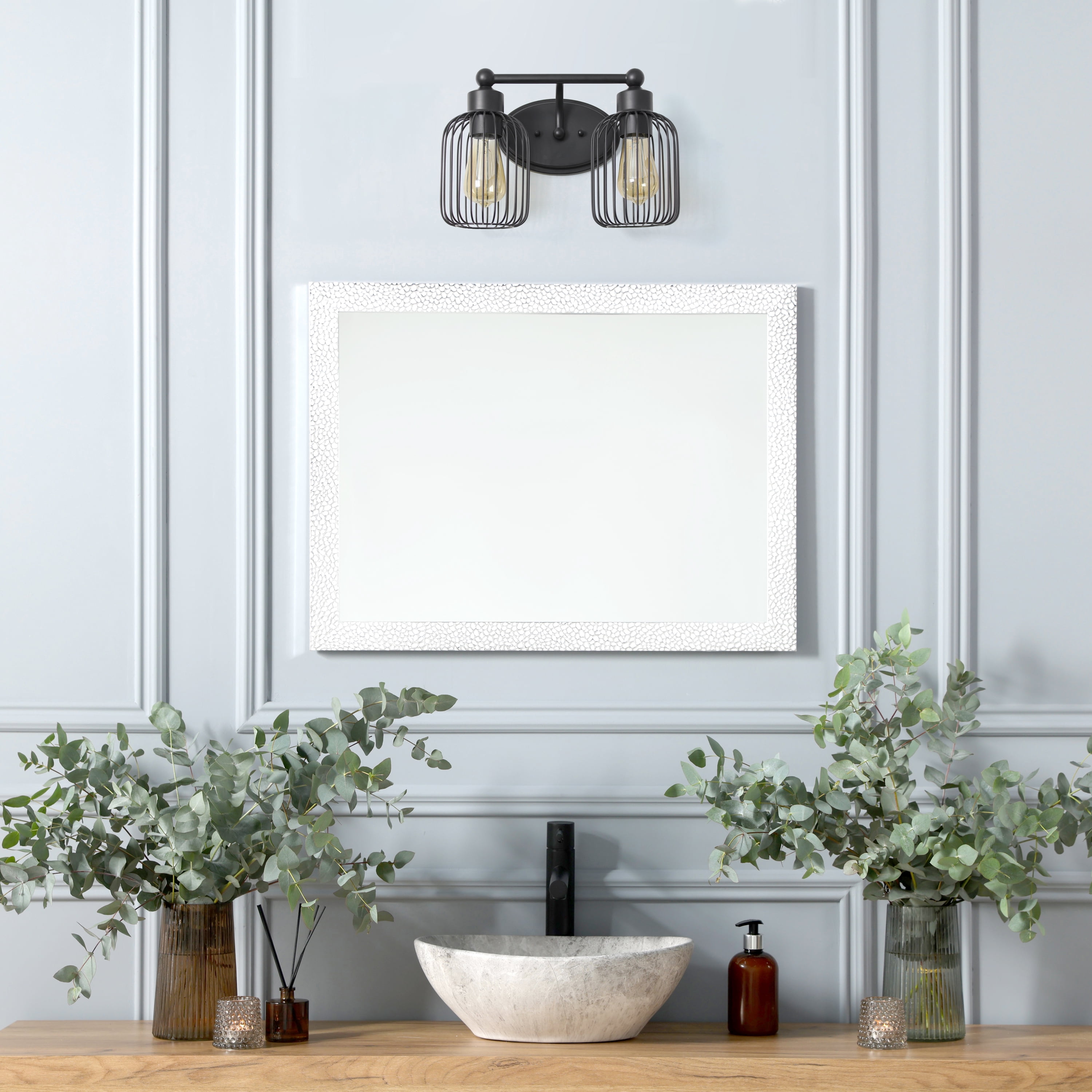 Elegant Designs 14" Industrial Farmhouse 2 Light Metal Birdcage Decorative Wall Mounted Vanity Fixture with Matching Metal Oval Backplate For Bathroom, Entryway, Hallway, Vanity, Black