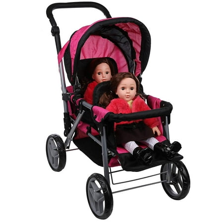 Mommy & Me Twin Doll Stroller Foldable Double Back to Back Doll Pram with Basket, Adjustable Handle, and FREE Carriage Bag Hot Pink & Black -