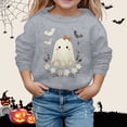 thumbnail image 2 of Krdevn Kids Lace Hem Ghost Bow Floral Leaf Bat Graphic Crewneck Sweatshirt Long Sleeve Casual Pullover Top for Halloween Holiday Outfit Grey,4-5 Years, 2 of 4