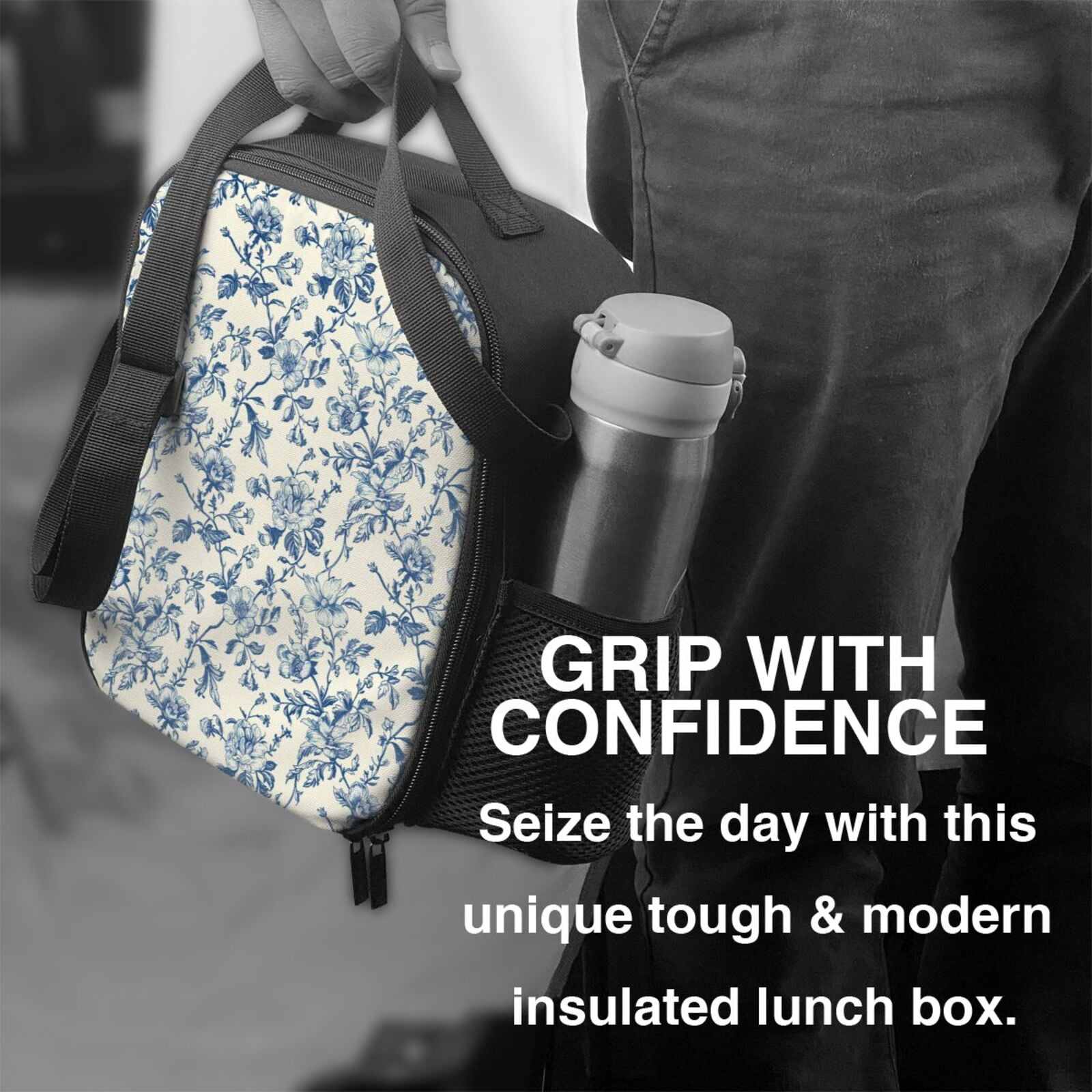 Defioc Vintage Blue Floral Print Lunch Box for Men & Women, Insulated Lunch Bag Thickened Thermal Leakproof Lunch Tote Bag for Adult Office Travel Picnic