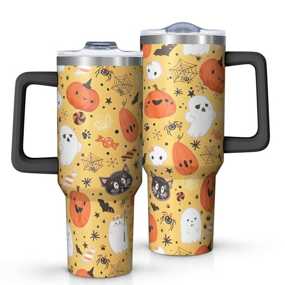 Cute Halloween Elements Pattern Tumbler with Handle and Lid,40oz Double Wall Vacuum Insulated Tumbler,Cups Gift for Women and Men