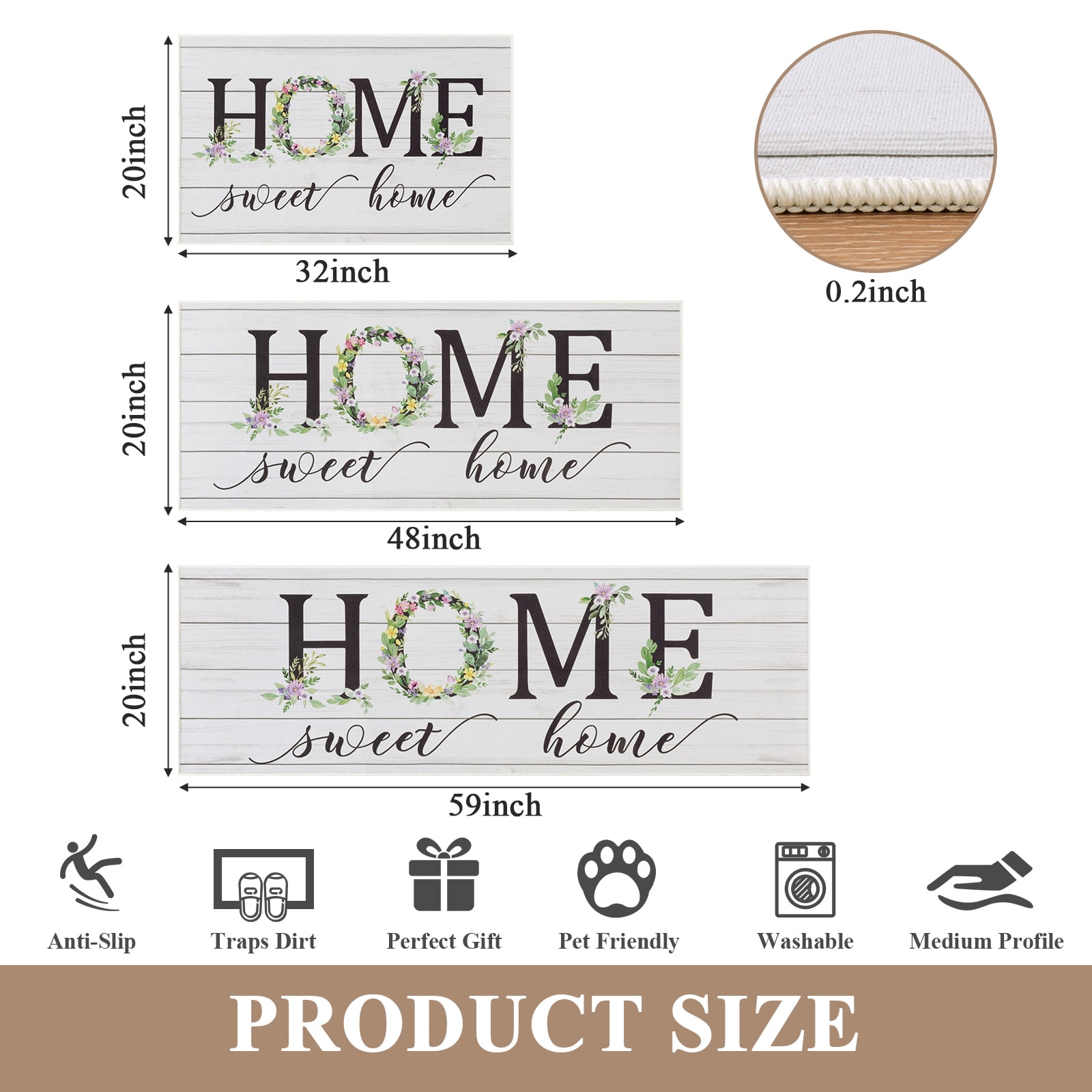 Vaukki Kitchen Rugs Sets of 3 Non Slip Washable Kitchen Mats for Floor,Waterproof Floor Mat Carpet for Kitchen,Laundry,Sink,White