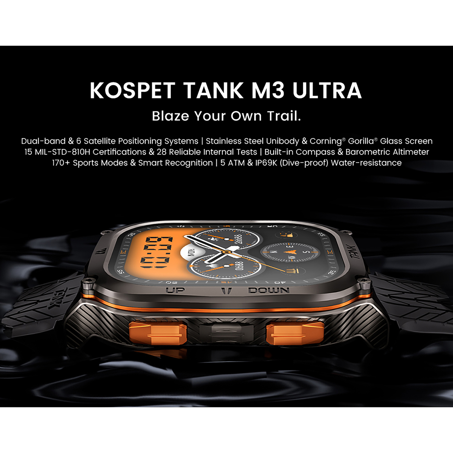 KOSPET TANK M3 Ultra 1.96-In.-AMOLED GPS Smartwatch with Silicone Band (Black), P-MU001-B