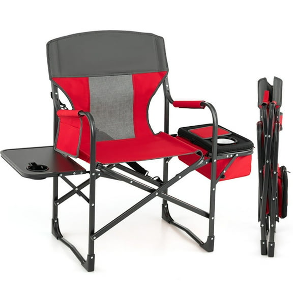Barara King Camping Chair, Folding Beach Chair, Folding Camping Directors Chair with Cooler Bag and Side Table-Red