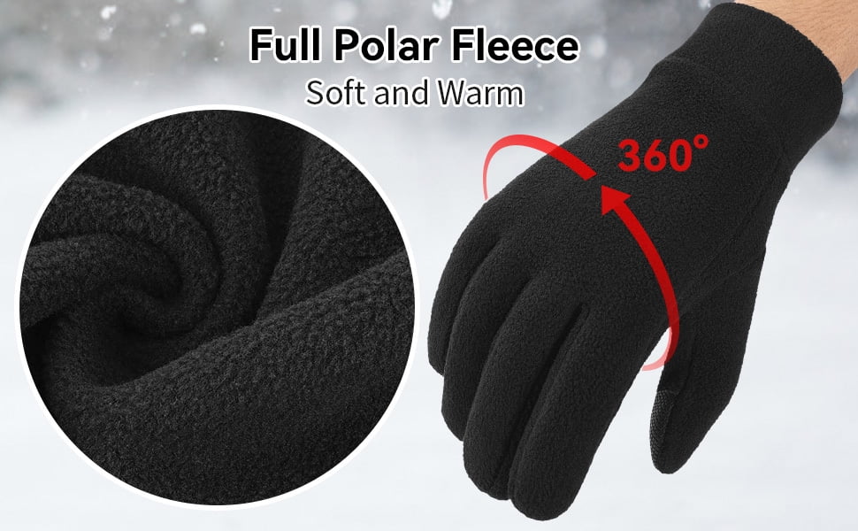 OZERO Mens & Womens Winter Gloves Polar Fleece Snow Gloves with Elastic  Cuff Black
