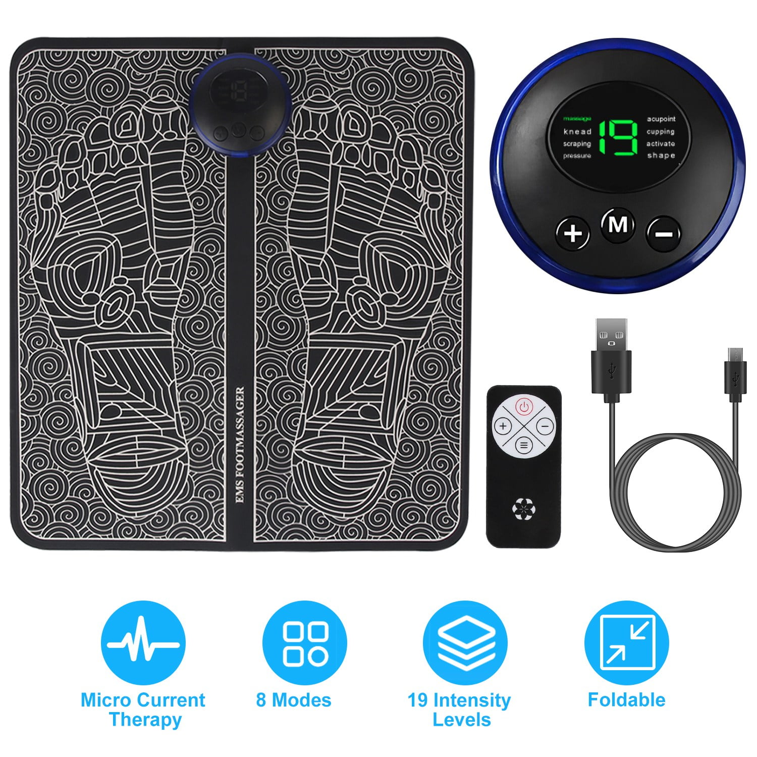 Foot Massager Mat TeqHome Foot Massager Pad for Pain Plantar Relief Muscle Relaxation Foldable Legs Feet Massager Pad with 8 Modes 19 Intensity Levels Remote Control