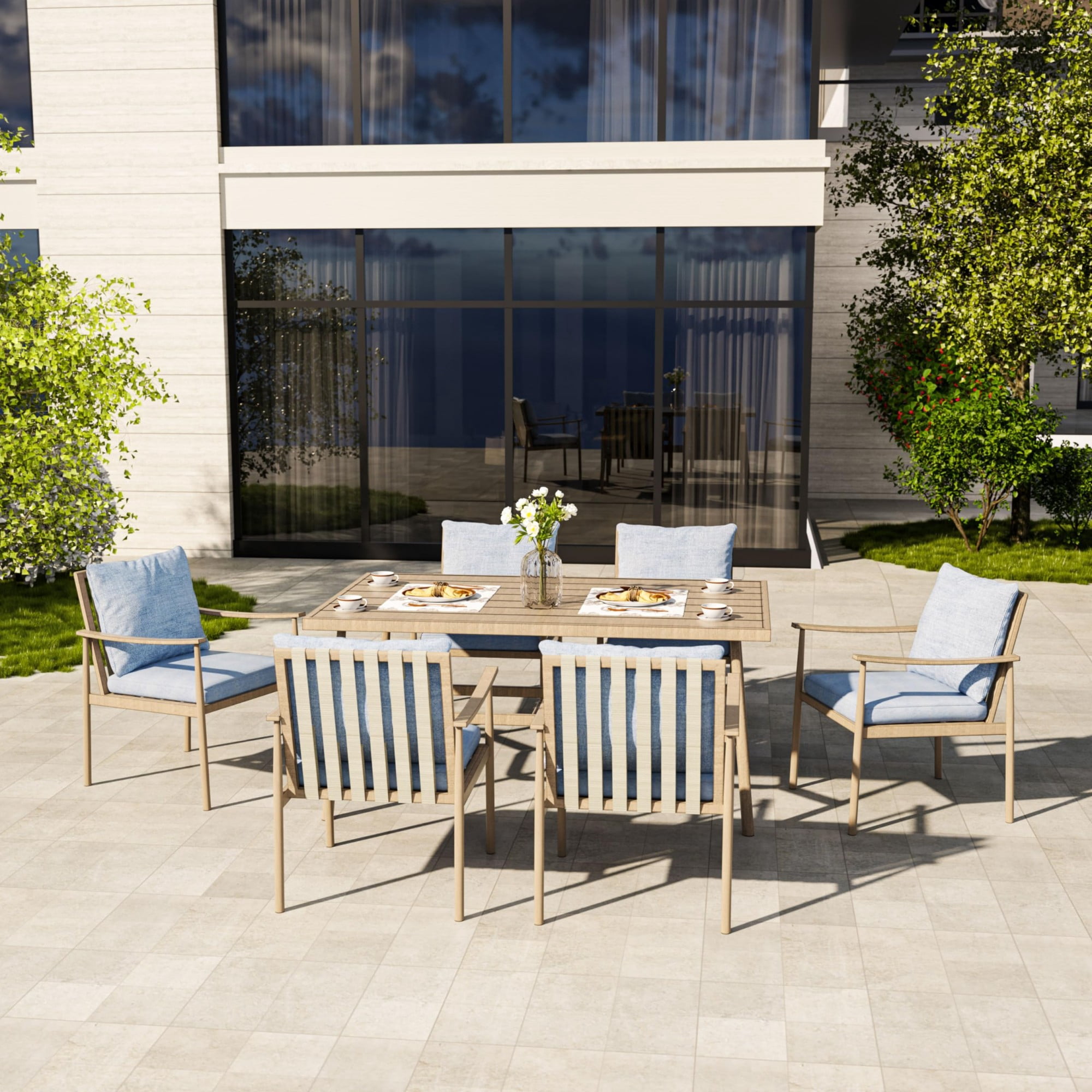 Outdoor Dining Chairs Set of 6, Aluminum Patio Chairs with Cushions, Rope Backrest Ergonomic Armrest Dining Chairs for Backyard Garden Pool, Brown/Blue