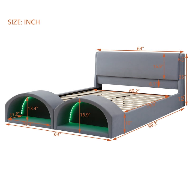 Queen Size Upholstered Platform Bed with LED Lights, Velvet Kids/Teens/Adults Low-Profile Bed Frame with Pet Nests at Footboard