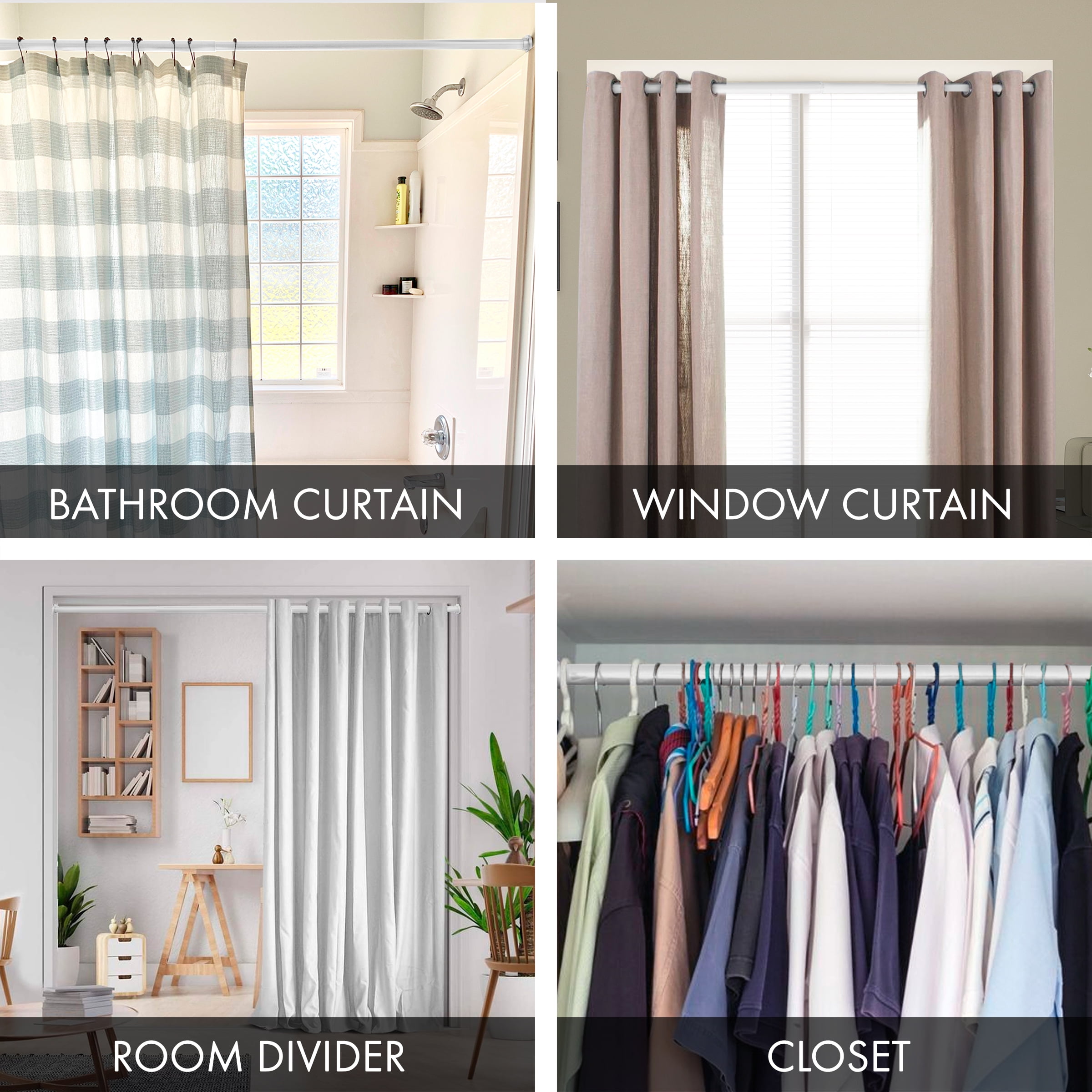 MERIVILLE 1" Tension Curtain Rod, Adjustable 42-72 Inches, Off White