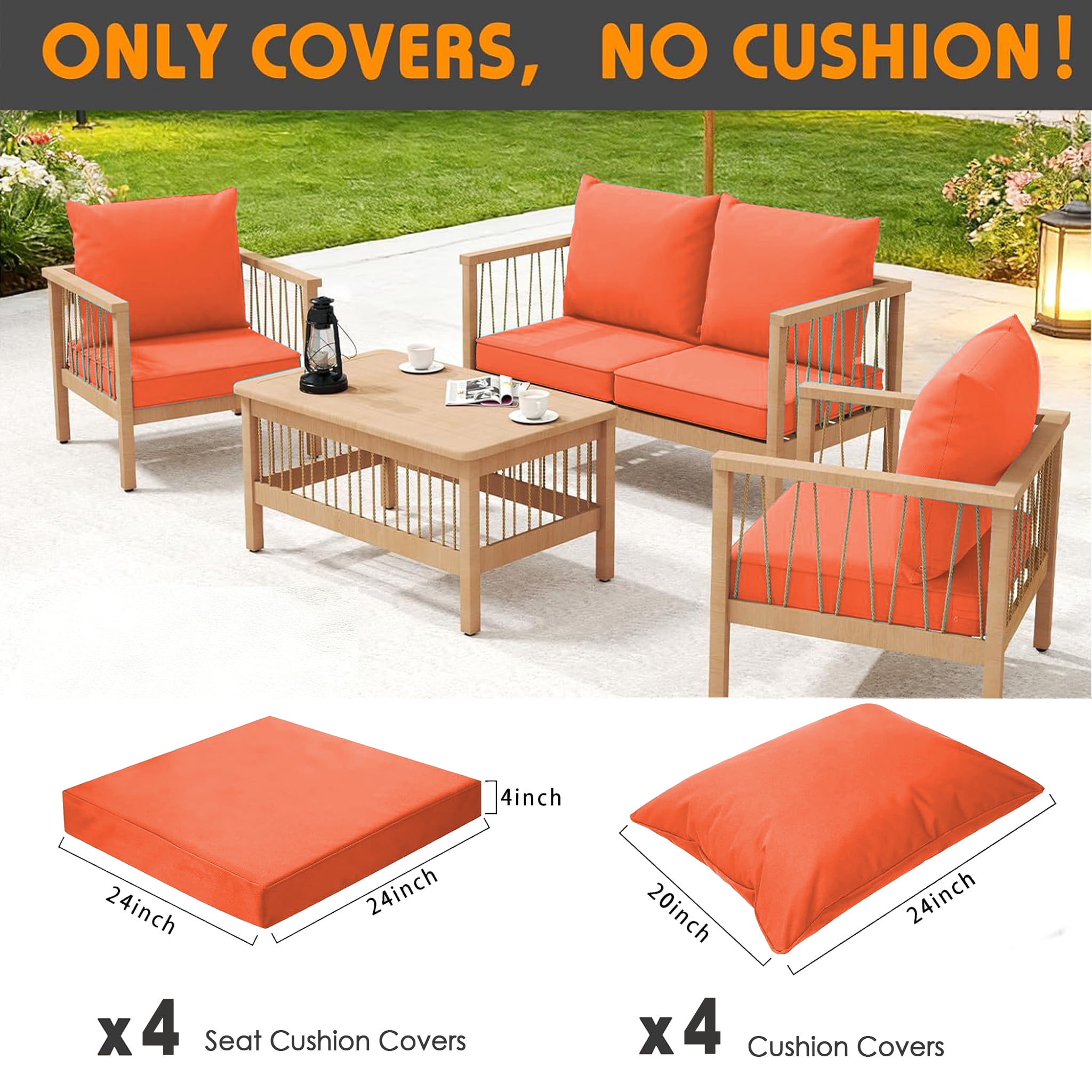 All Smiles 8-Piece Waterproof Patio Furniture Cushion Covers,Replacement Seat Slipcover Set for Outdoor Chair (No Insert),24x24 & 24x20,Orange