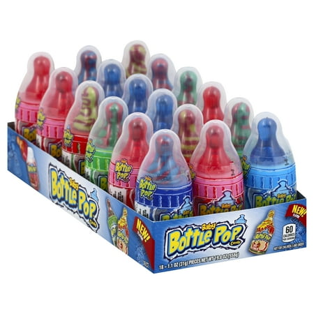 Baby Bottle Pop Assorted Flavor Candy Lollipops with Powdered Candy, 1.1oz, 18 Count