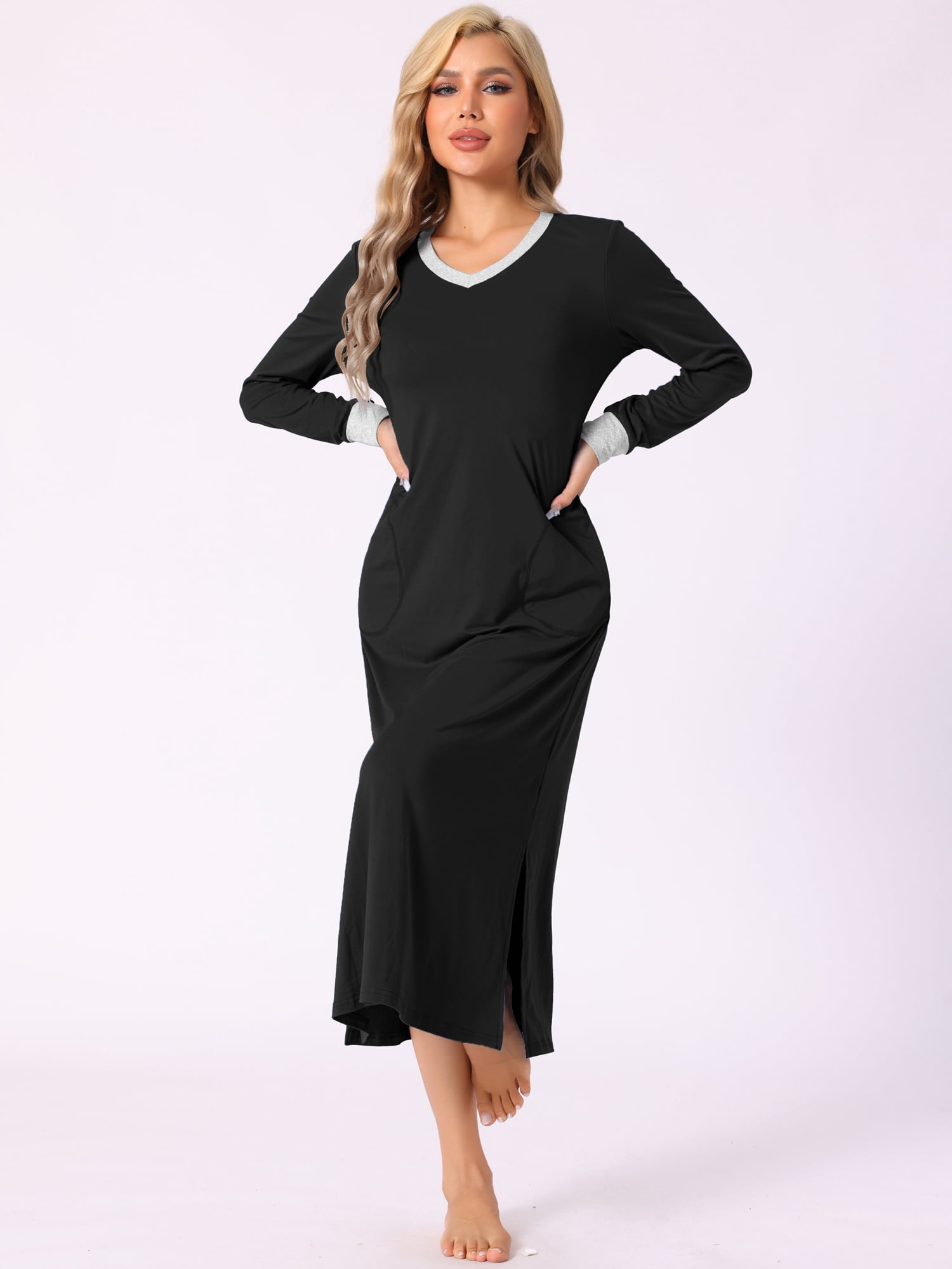 DARING DIVA Women's V Neck Cozy Long Sleeve Nightgown with Pockets XS Black