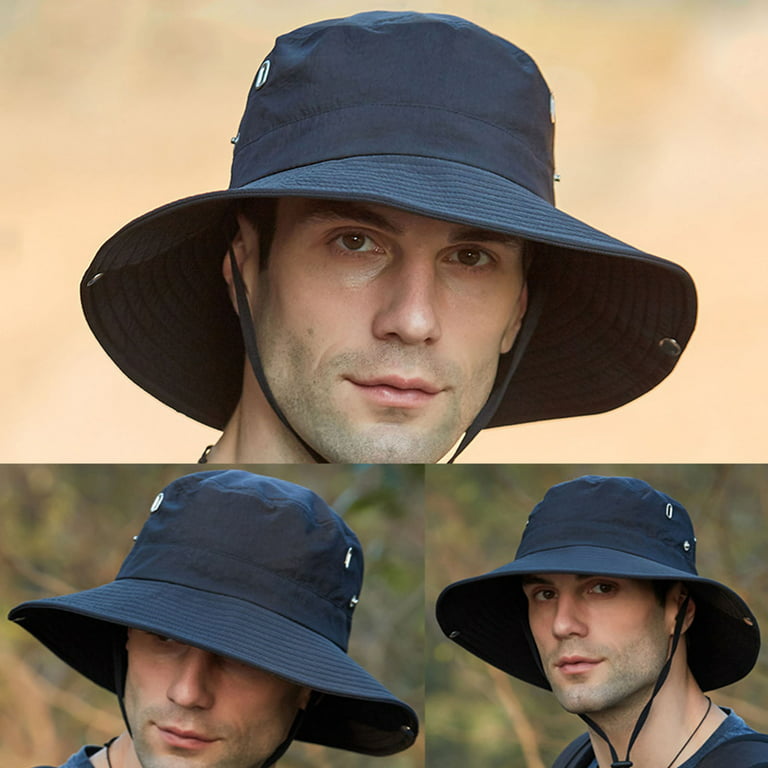 HES Summer Men Bucket Hat Solid Color Anti Sun Wide Brim Adjustable Fisherman  Cap for Fishing 