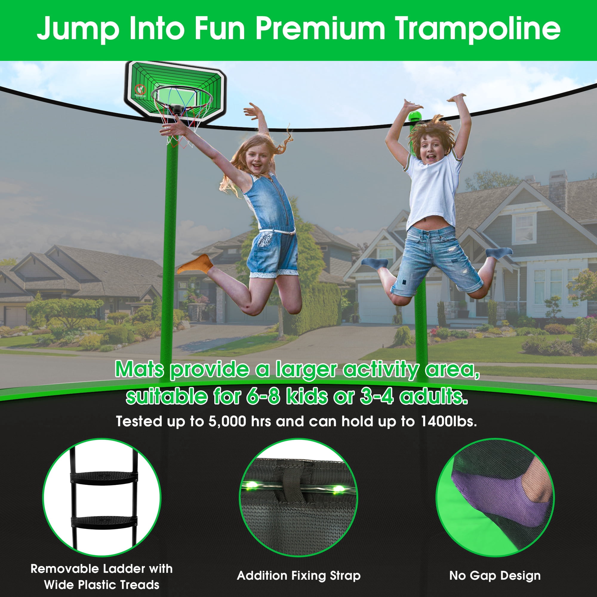 Jump Into Fun Trampoline 14FT with Basketball Hoop and Lights Sprinkler Enclosure, 1400LBS Weight Capacity Backyard Outdoor Trampoline for Adults and Kids, Trampoline for Gift, Family Use