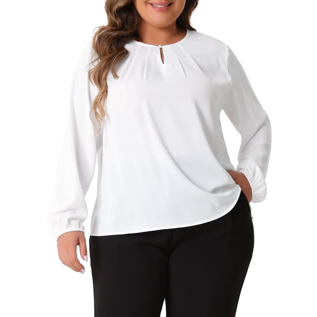 Blusas de Trabajo de Chiffon con Abertura Curvada y Manga Larga de Cuello Redondo para Mujeres de Talla Grande Agnes Orinda 4X Blanca