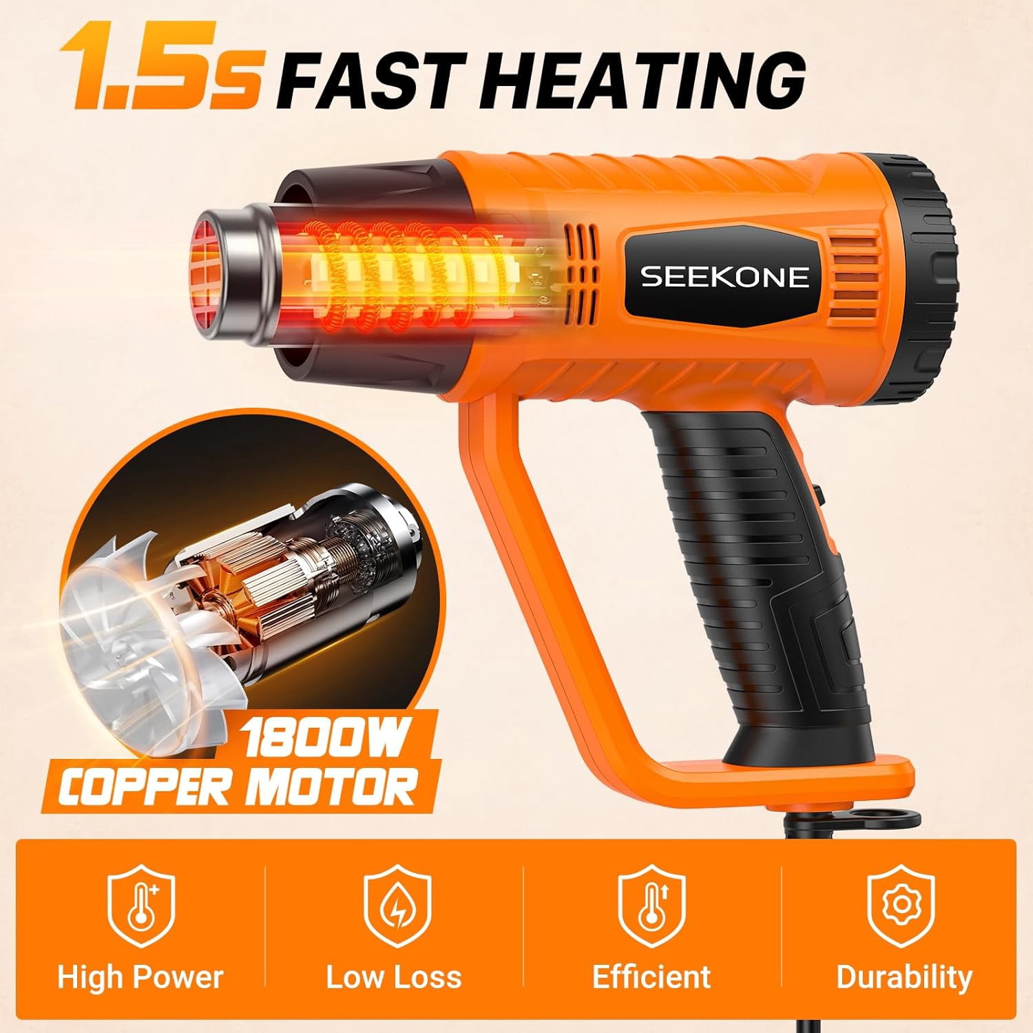 Heat Gun 1800W Heavy Duty Fast Heat Hot Air Gun Kit with 752℉&1112℉（400℃-600℃） Dual-Temperature Settings and 4 Nozzles with Overheat Protection for Crafts, Shrinking PVC, Stripping Paint