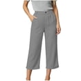 thumbnail image 3 of Womens Cotton Linen Wide Leg Pants Casual Zipper Front Summer Cropped Trousers Dressy Pants with Pockets Green L(L), 3 of 9