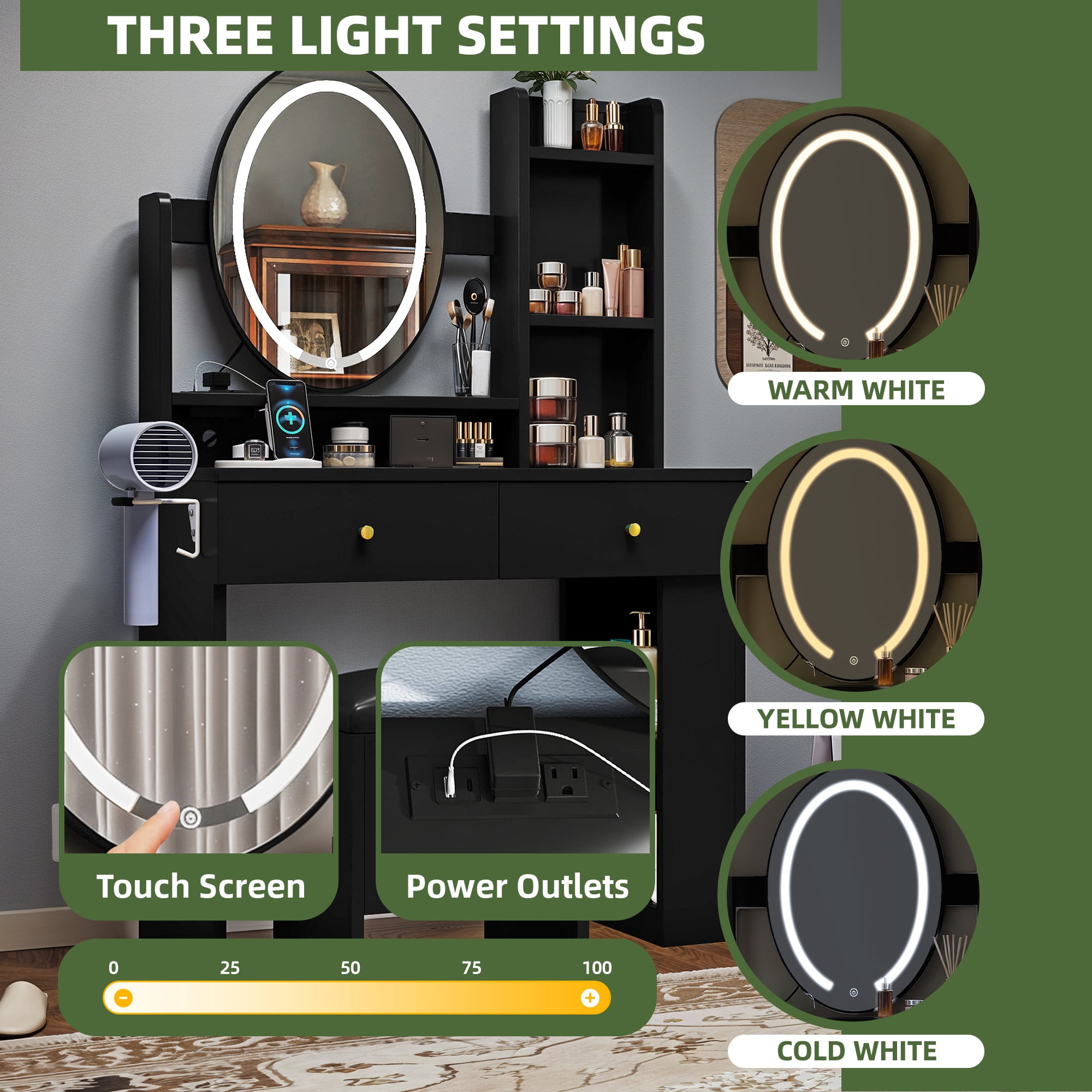 Uforic Vanity Table with 3 Lighting Colors, 2 Drawers, and Cushioned Stool - Black