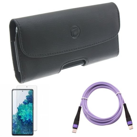 Purple 6ft PD Cable & Case Belt Clip & Screen Protector for Samsung Galaxy S20 Fan Edition - Type-C to USB-C Long Charger Cord   Leather Holster   Anti-Glare Tempered Glass Combo