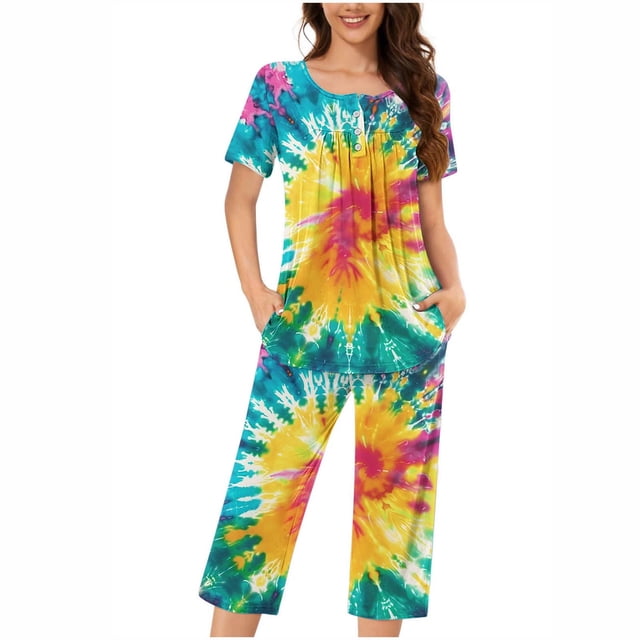 Rbaofujie Pyjama Boutonné pour Femmes, Ensemble de Chemise de Nuit à Col Rond à Manches Courtes et Pantalon, Tenue d'Intérieur, Pyjama avec Poches, Chemises de Nuit pour Femmes