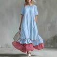 thumbnail image 6 of LEKWK Maxi Dresses for Women Color Block Short Sleeve Tiered Flowy Dress Ruffle Striped Hem A Line Sundress Summer Fashion Beach Vacation Outfits, 6 of 7